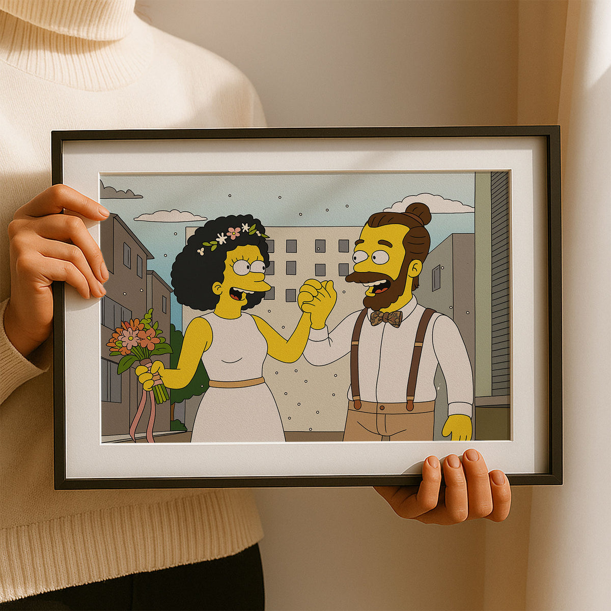 Charming Cartoon Wedding Art: Couples in Love with Dandelions - Whimsical Simpsons Style Framed Print
 - 8