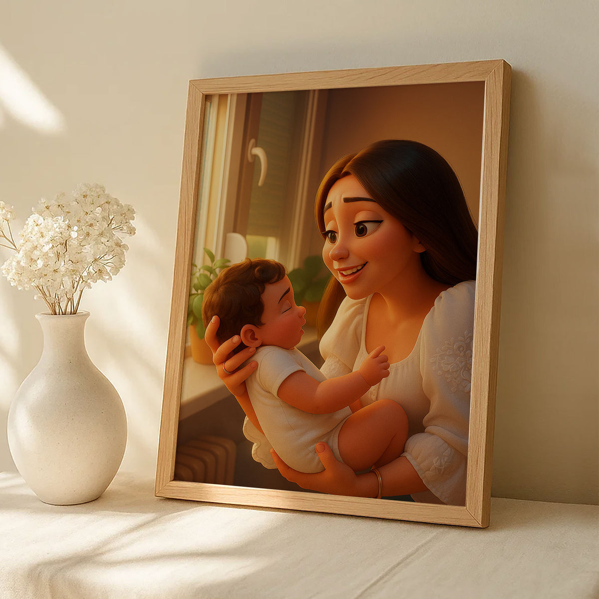 Heartwarming Family Portrait: Charming Cartoon Style Illustration of a Grandmother and Granddaughter Embracing Joyfully
 - 8