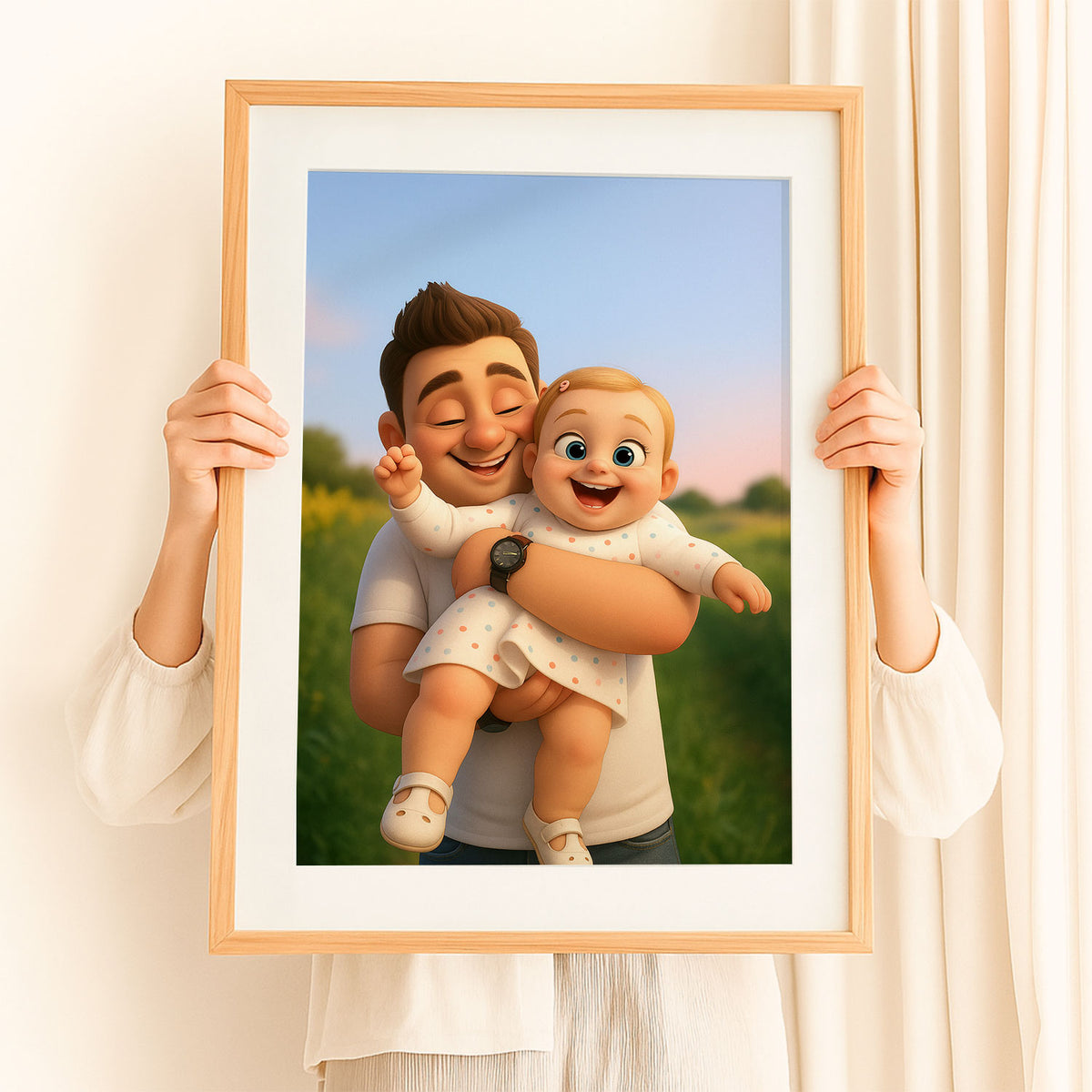 Charming Cartoon Family Portrait of Mother and Daughter Embracing in Joyful Moment
 - 8