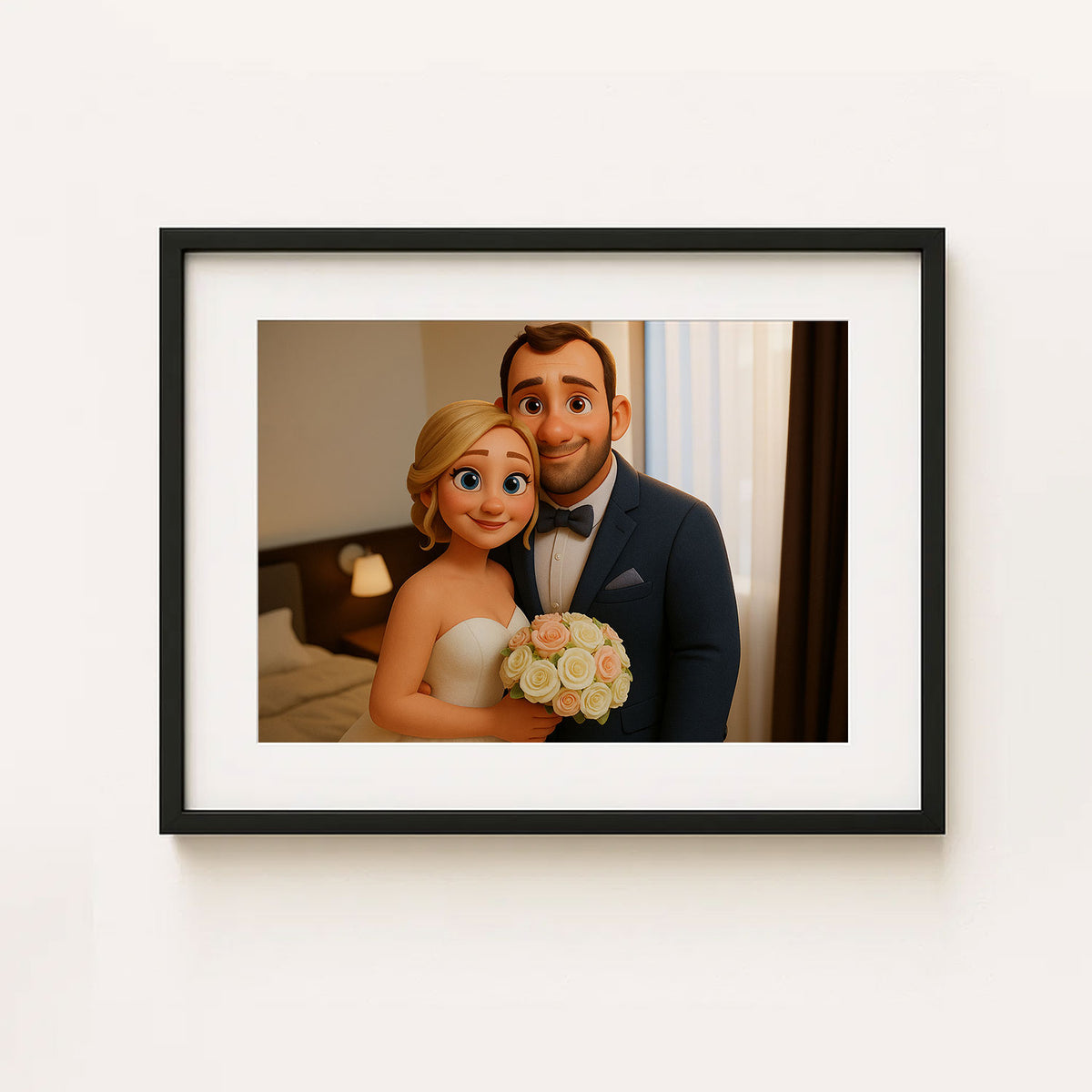 Charming Animated Wedding Portrait: Joyful Bride and Groom in Whimsical Illustration Style
 - 8