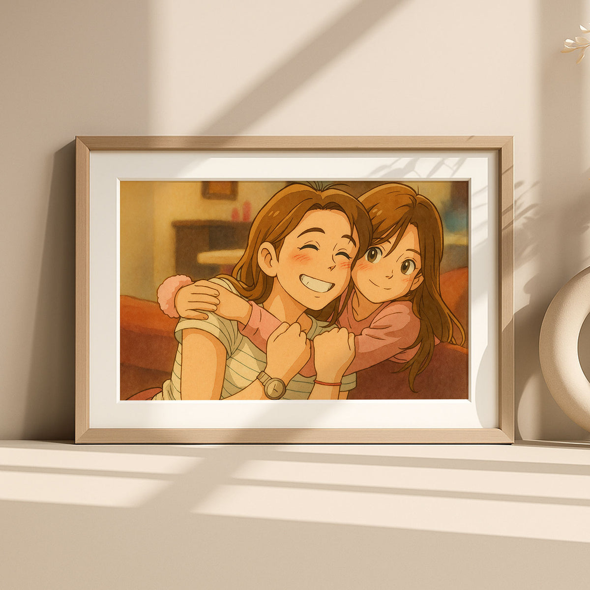 Joyful Bond: Colorful Cartoon Art of a Mother and Daughter Sharing Laughter and Love
 - 8