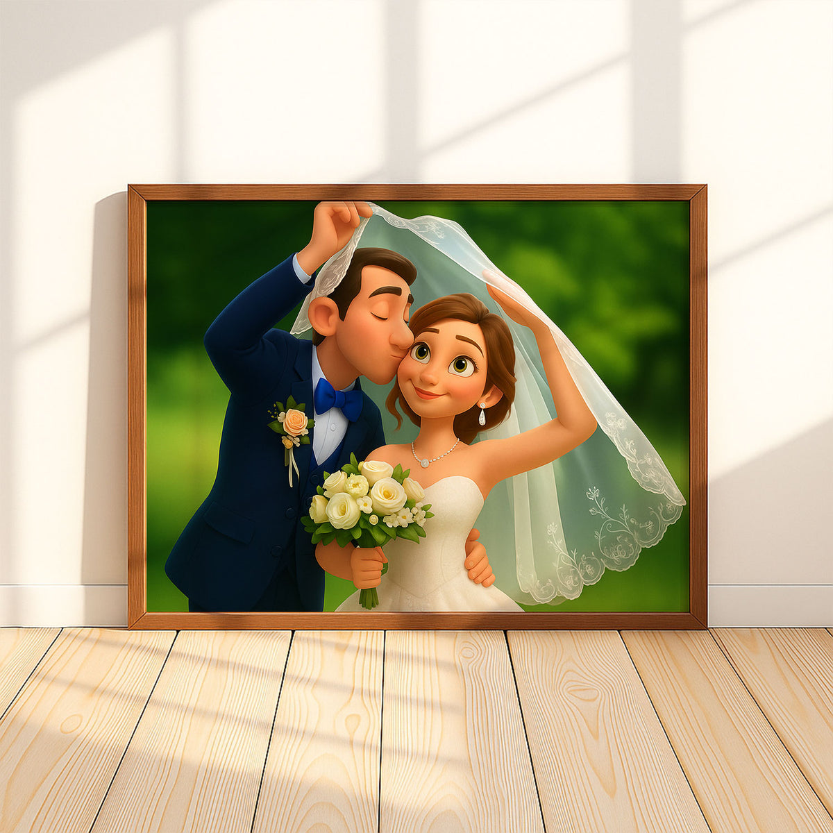 Charming Cartoon Wedding Portrait of a Bride and Groom in a Lush Forest Setting
 - 8