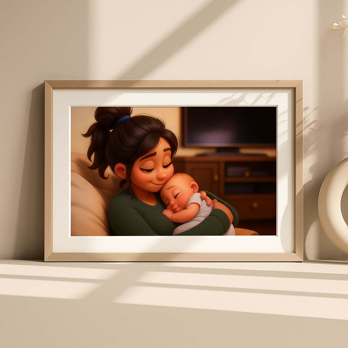 Heartwarming Cartoon Art of a Mother Embracing Her Baby: Perfect Family Gift for Nursery Decor and Baby Shower Celebrations
 - 8