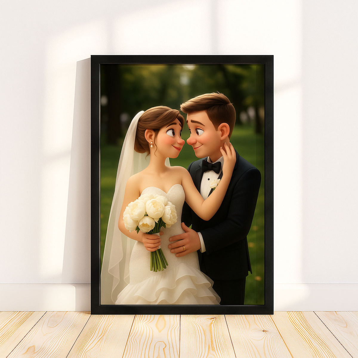 Charming Cartoon Wedding Portrait of a Happy Couple - Perfect Art for Home Decor and Wedding Memories
 - 8