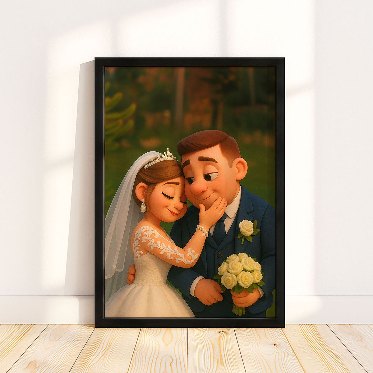 Whimsical Wedding Portrait: Charming Cartoon Art of Bride and Groom in Love
 - 8