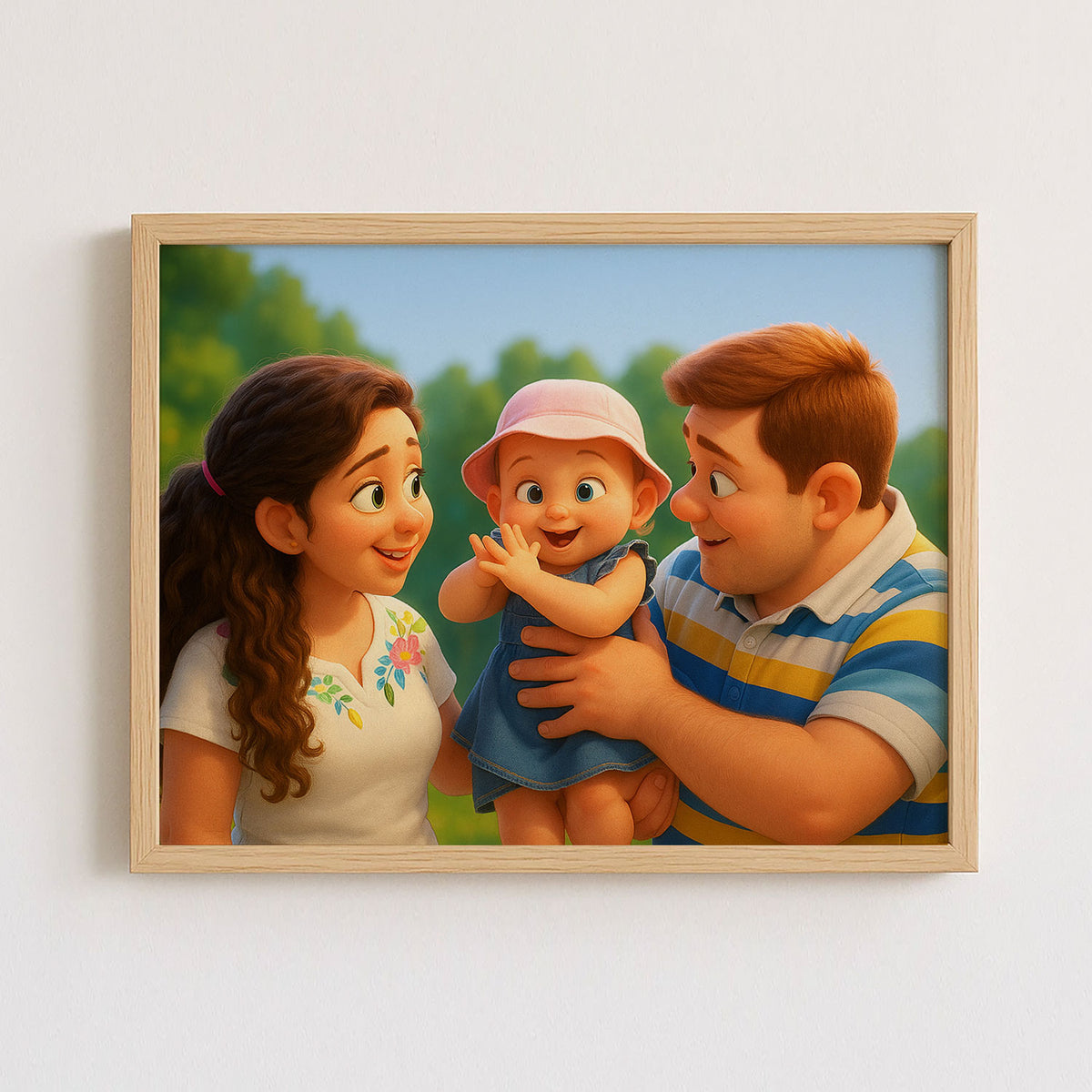 Charming Family Portrait: Heartwarming Cartoon Art Featuring Joyful Parents and Baby
 - 7
