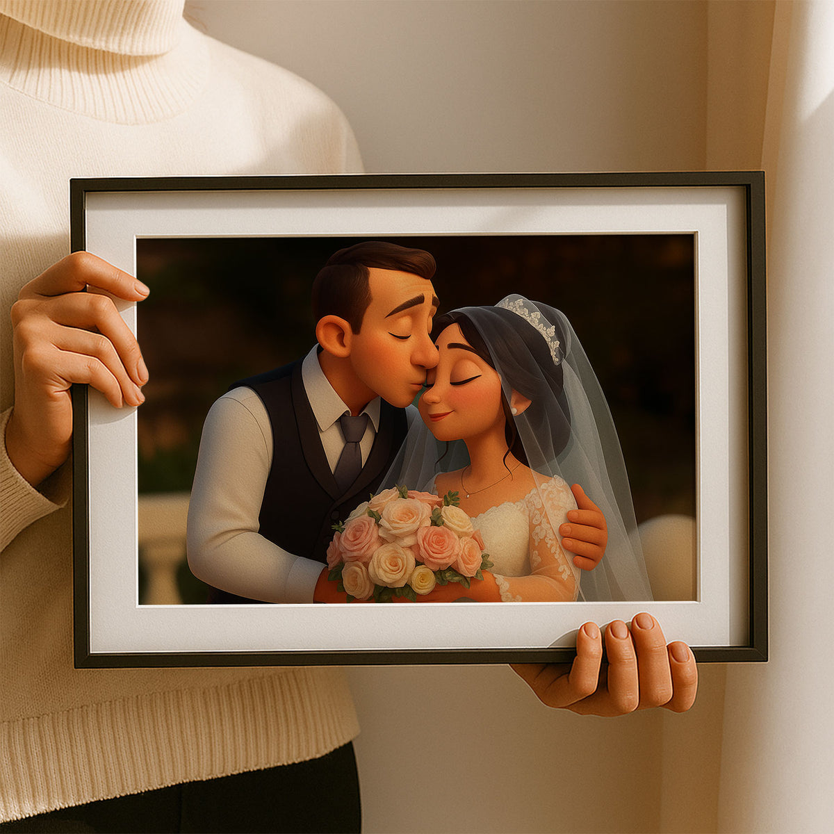 Whimsical Disney-Inspired Wedding Art Print of Loving Couple in Romantic Setting
 - 8