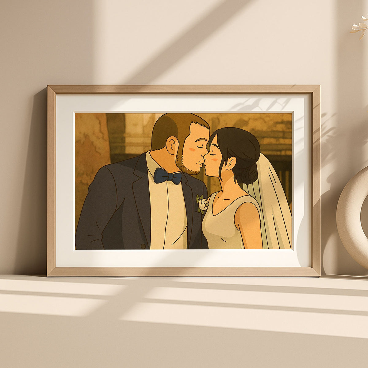 Charming Wedding Kiss Artwork - Romantic Cartoon Style Love Portrait for Special Moments
 - 8