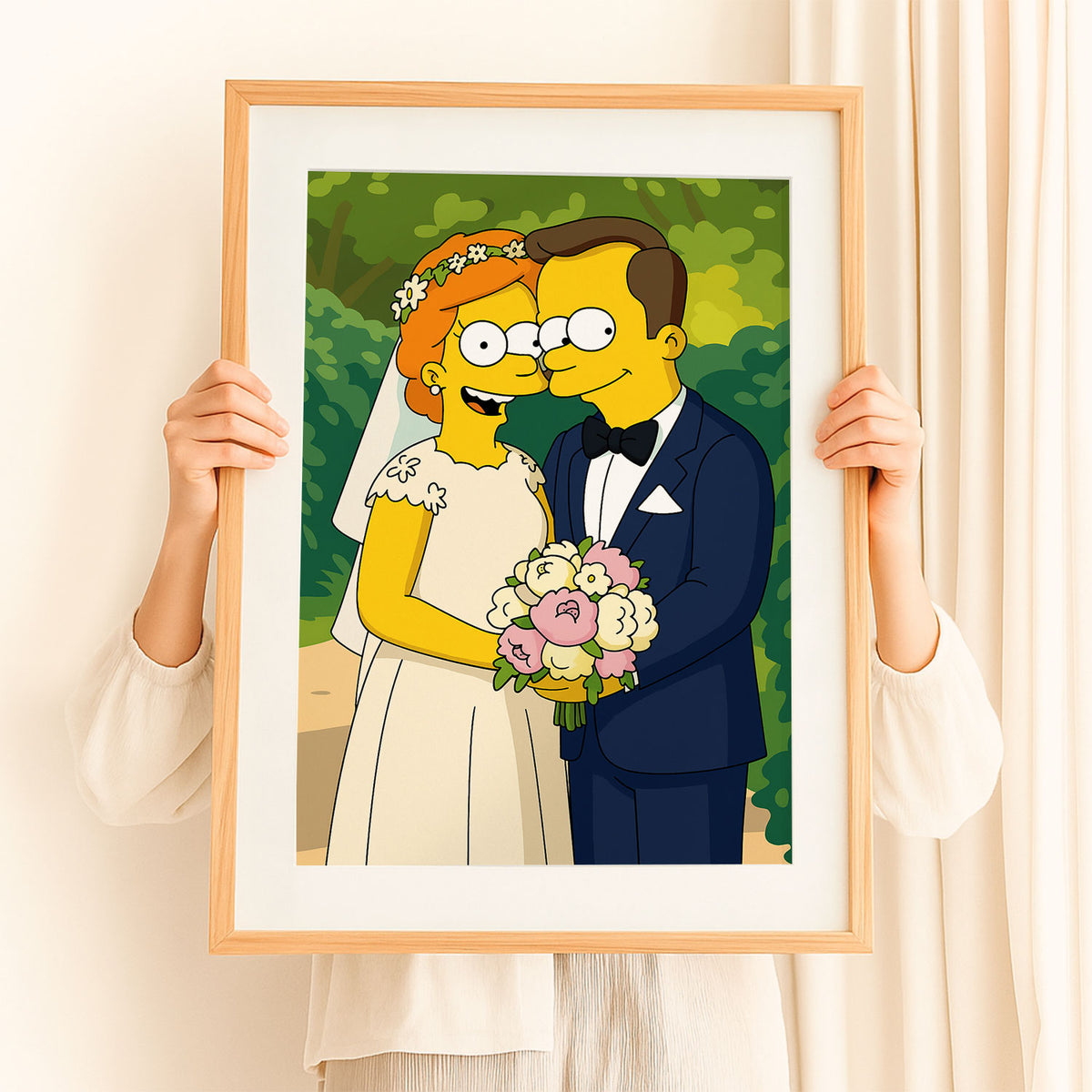 Whimsical Cartoon Wedding Art Print of Homer and Marge Simpson Kissing in Vibrant Colors
 - 8