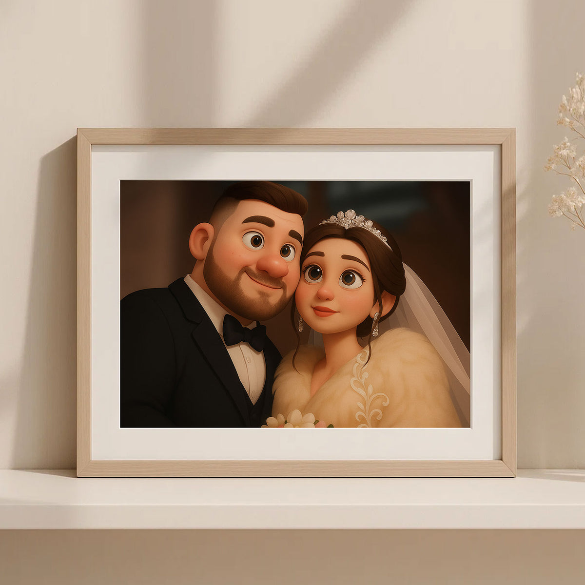 Charming Cartoon Wedding Portrait of Happy Couple in Vibrant Animation Style - Ideal for Home Decor
 - 8
