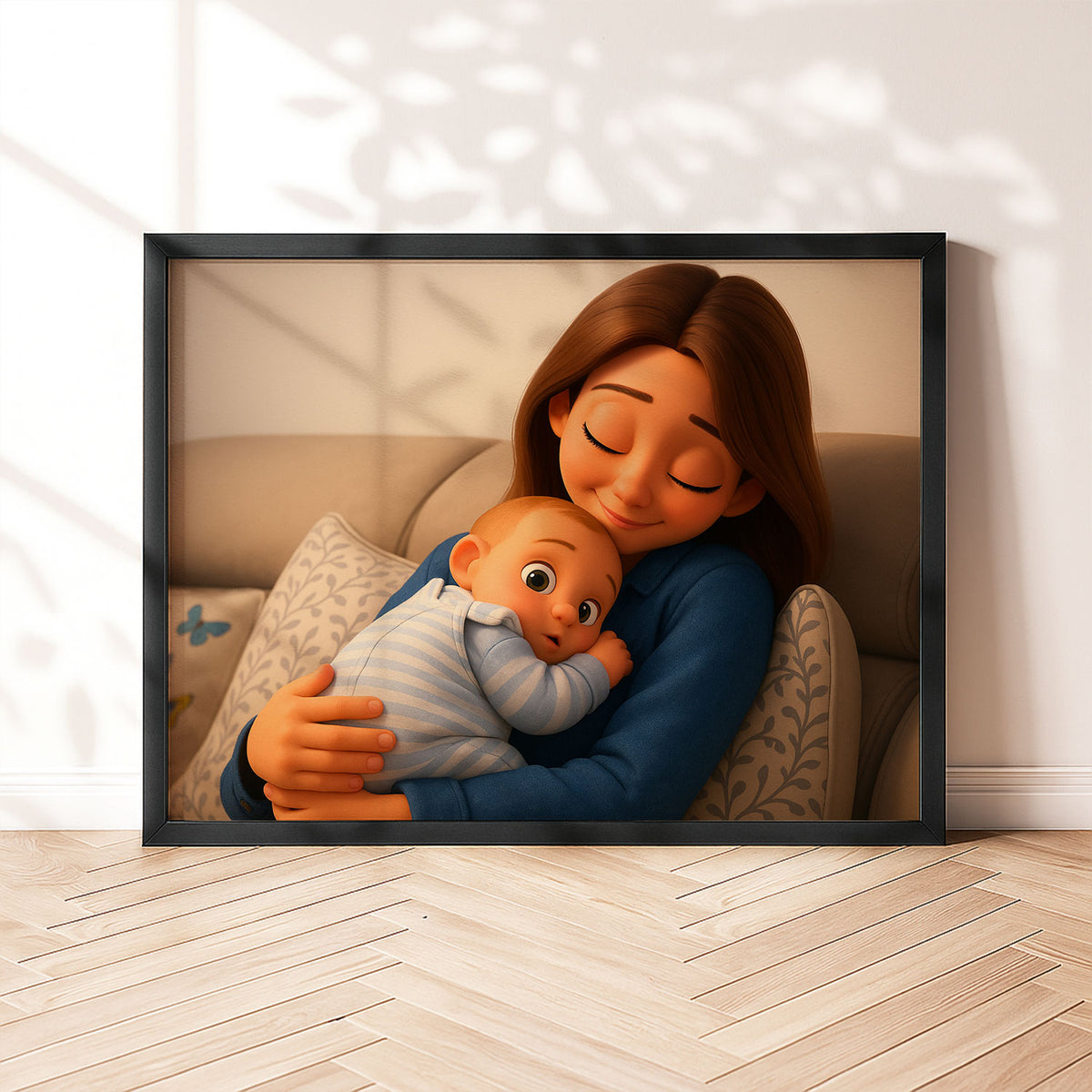 Heartwarming Digital Art of a Mother Embracing Her Sleeping Baby – Cute Cartoon Style Wall Decor for Nursery or Kids’ Room
 - 8