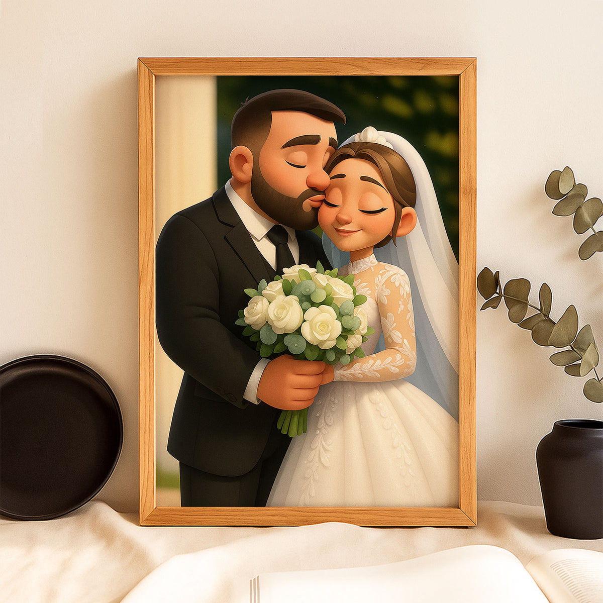 Charming Animated Wedding Portrait of a Couple in Love | Perfect for Home Decor and Gifts
 - 8