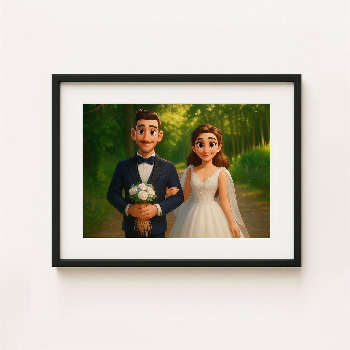 Charming Cartoon Wedding Art Print: Beautiful Bride and Groom in Vibrant Animation Style for Your Home Décor
 - 8