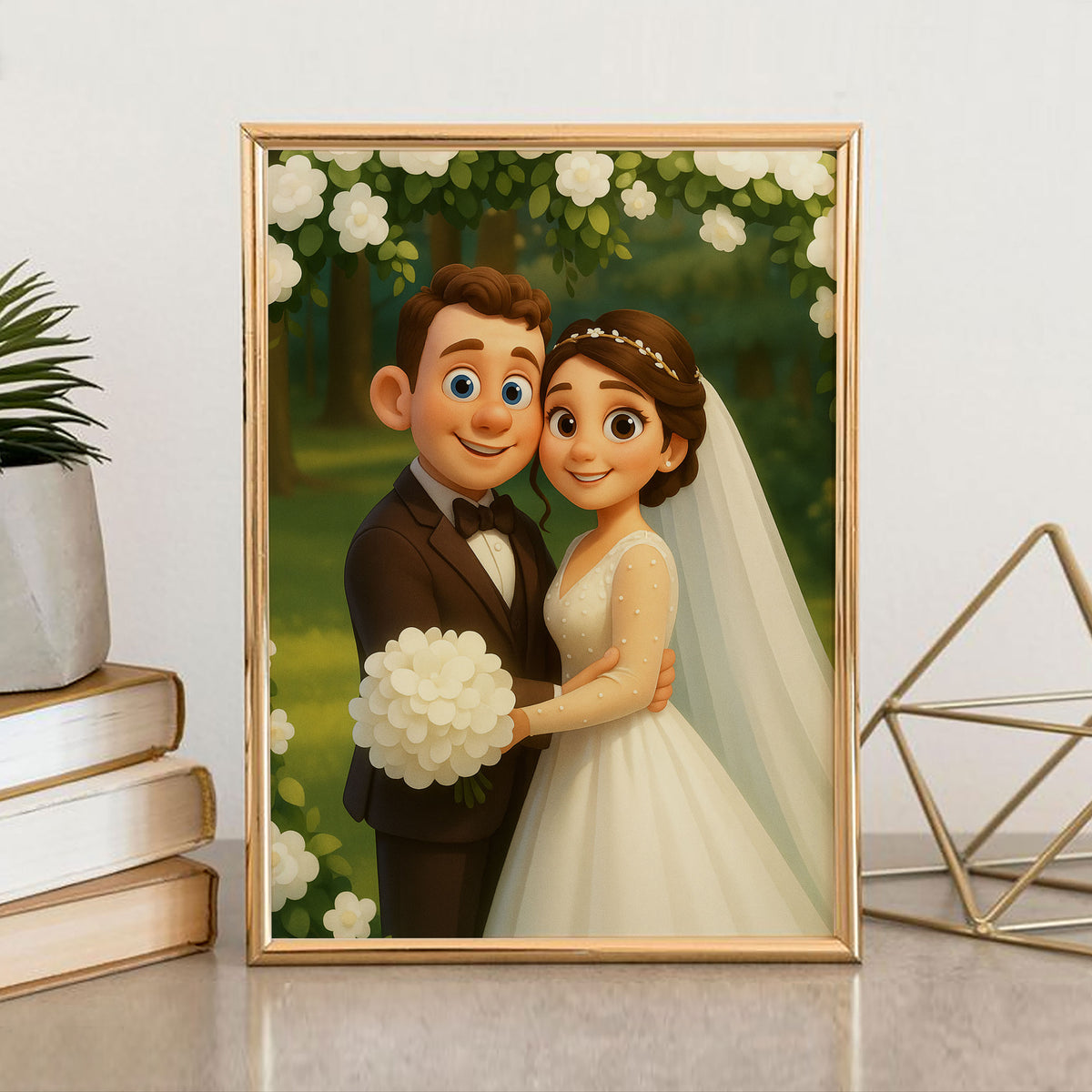 Charming Cartoon Wedding Portrait of a Bride and Groom – Perfect Gift for Newlyweds in Whimsical Art Style
 - 8
