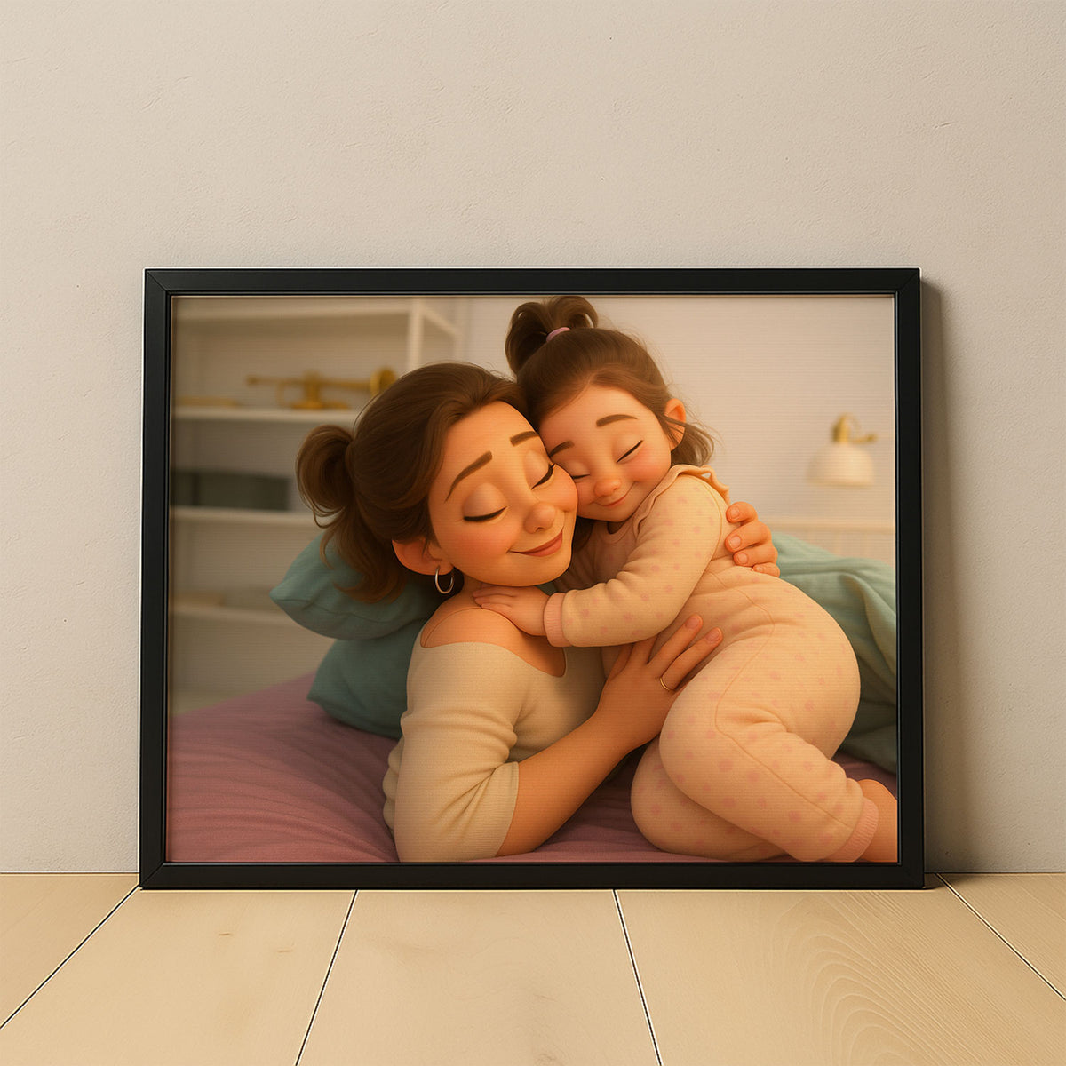 Charming Cartoon Portrait of Two Sisters Embracing: A Heartwarming Art Print for Family Love
 - 8