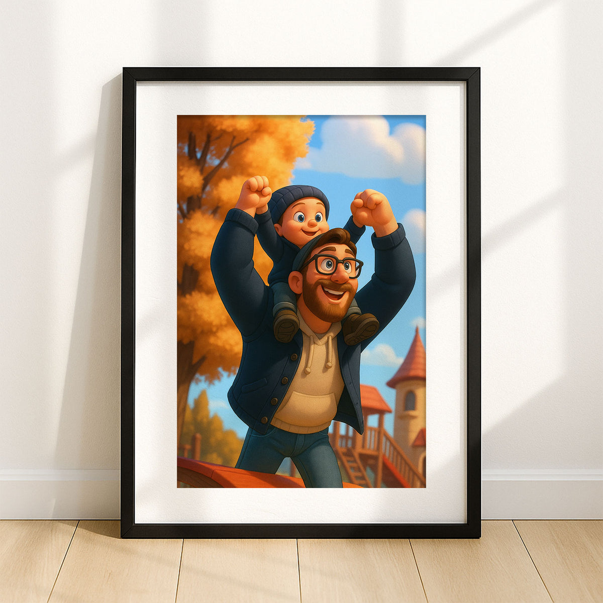 Heartwarming Father-Son Bond: Colorful Cartoon Art Print Celebrating Family Joy
 - 8