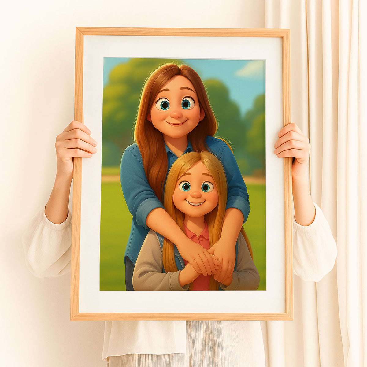 Heartwarming Mother-Daughter Portrait in Vibrant Cartoon Style | Perfect Wall Art for Family Spaces
 - 8