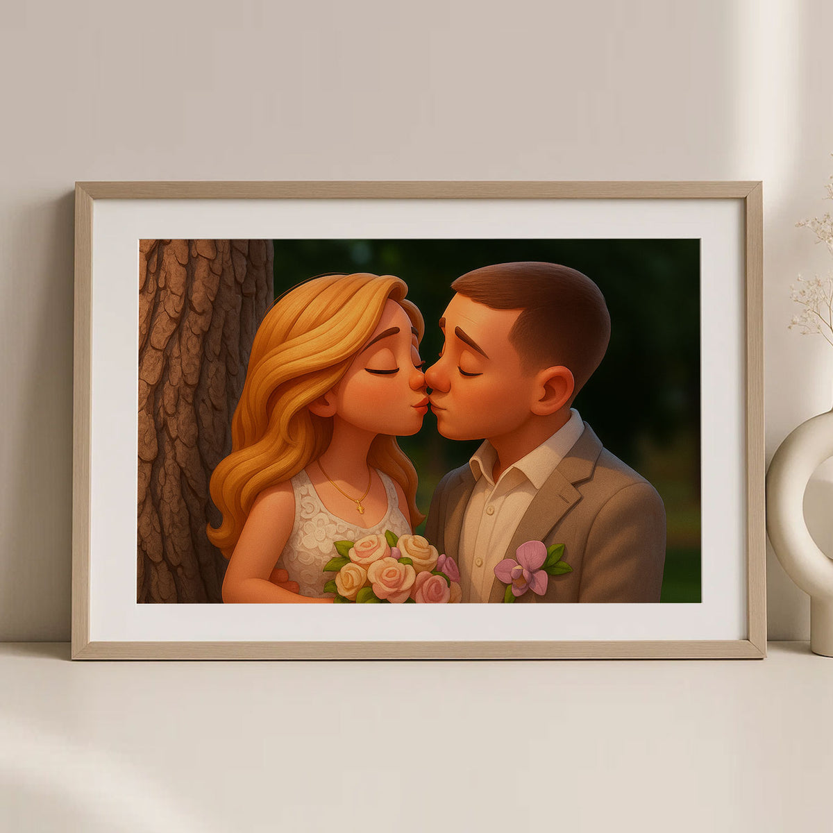 Charming Cartoon Wedding Couple Art Print - Whimsical Love Scene for Home Decor
 - 8
