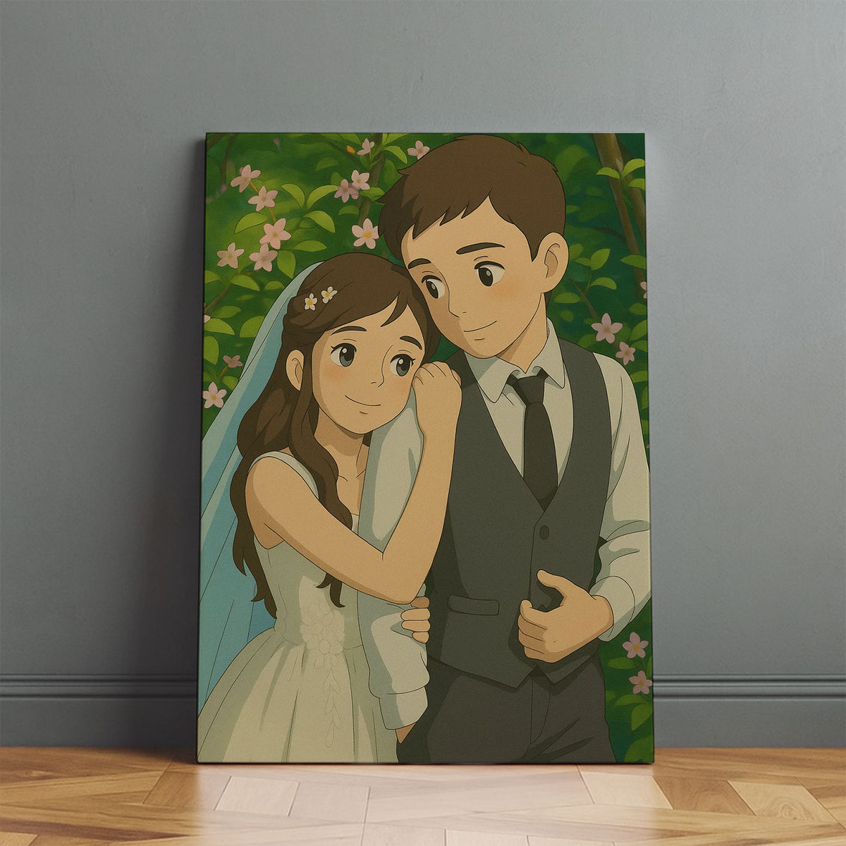 Charming Couple Illustration: Romantic Wedding Art in a Lush Garden Setting
 - 8