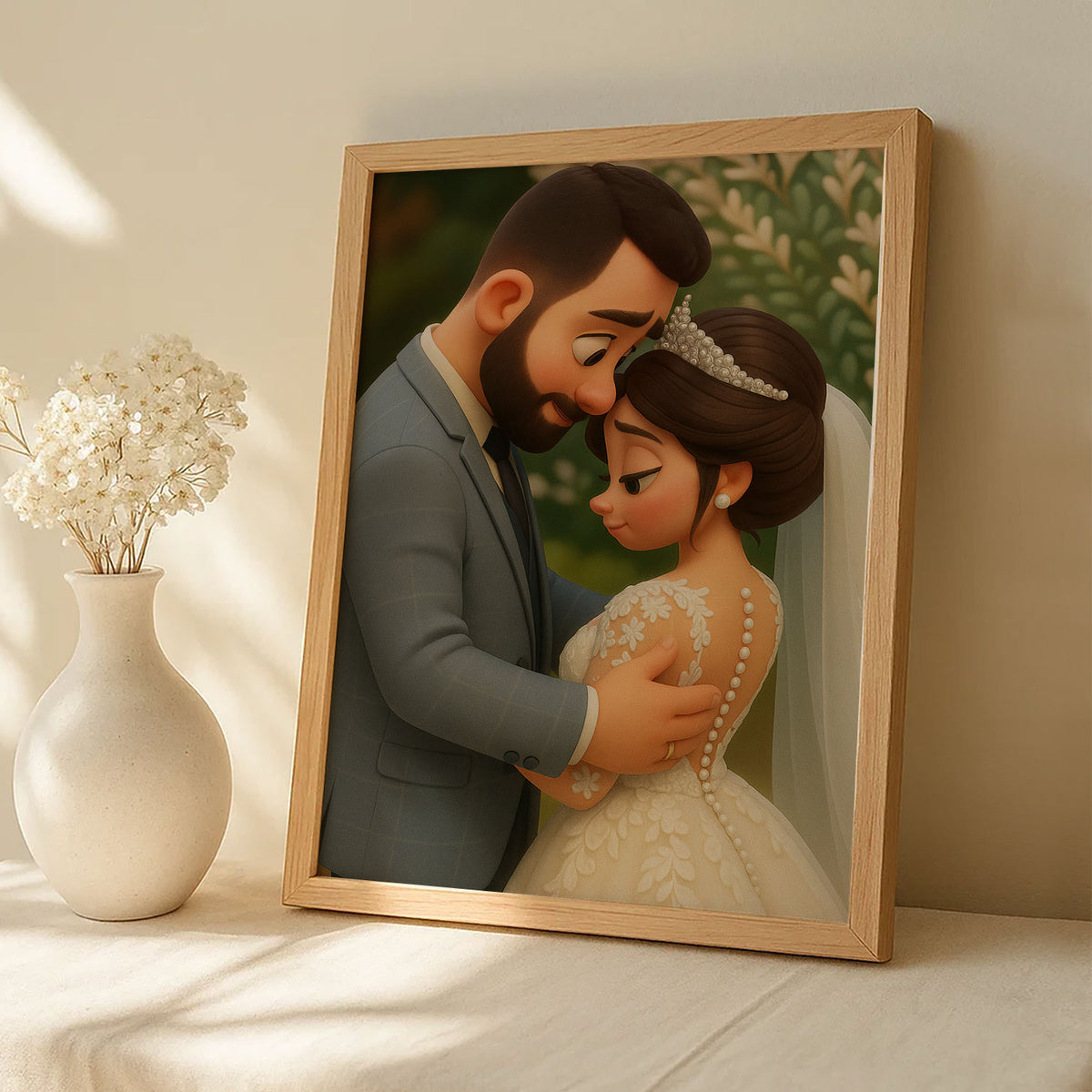 Charming Cartoon Wedding Art: Whimsical Illustration of Bride and Groom in Floral Setting
 - 8