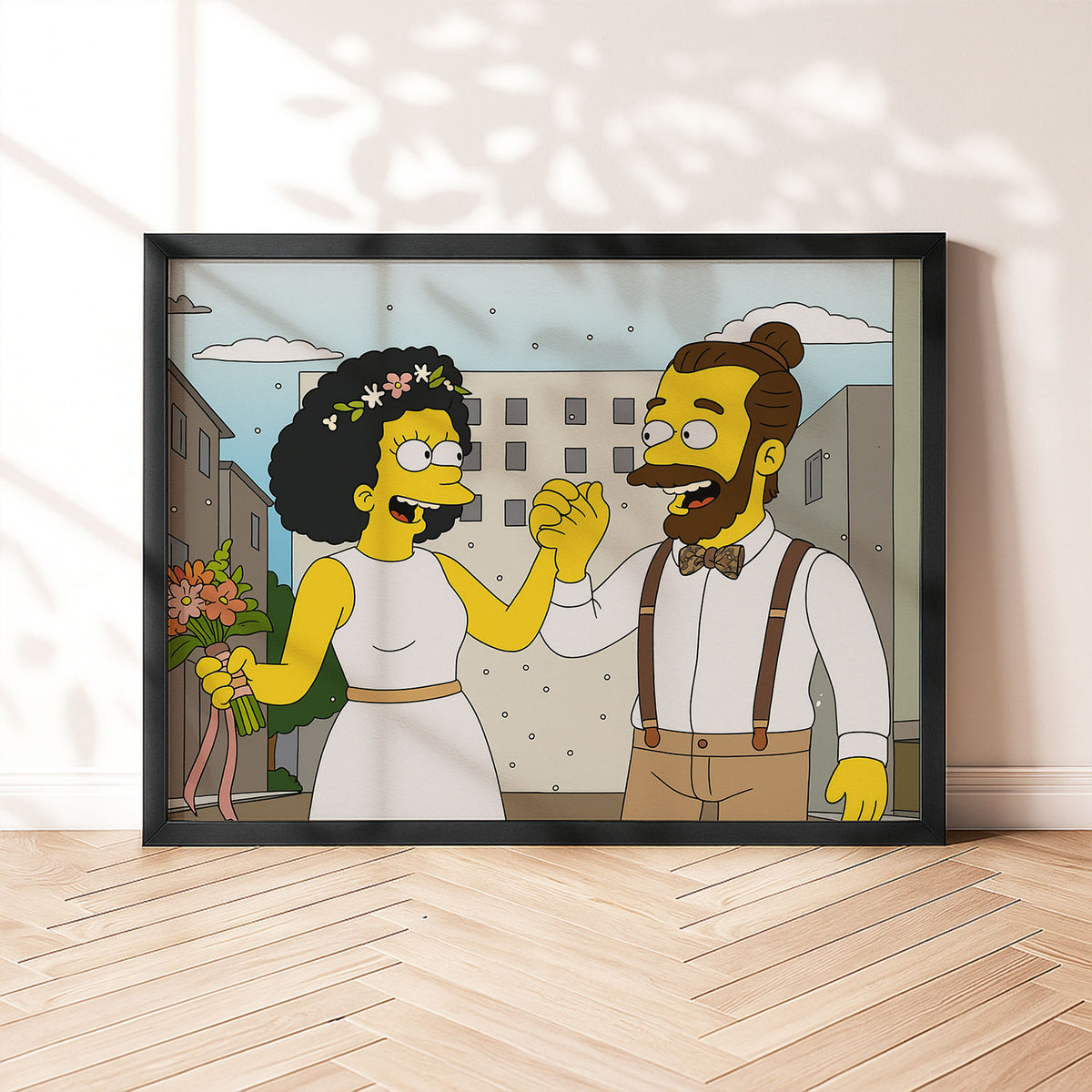 Whimsical Cartoon Wedding Art Print Featuring Cheerful Couple in Unique Animated Style
 - 8