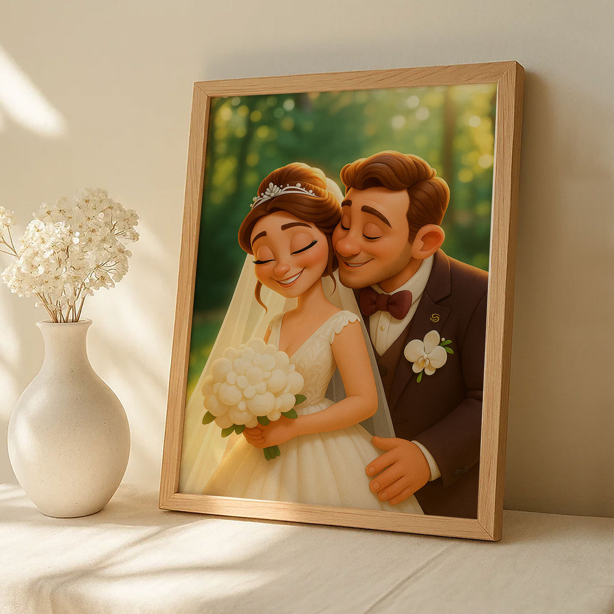 Charming Cartoon Wedding Portrait: Joyful Couple Embracing with Flowers in a Whimsical Art Style
 - 8