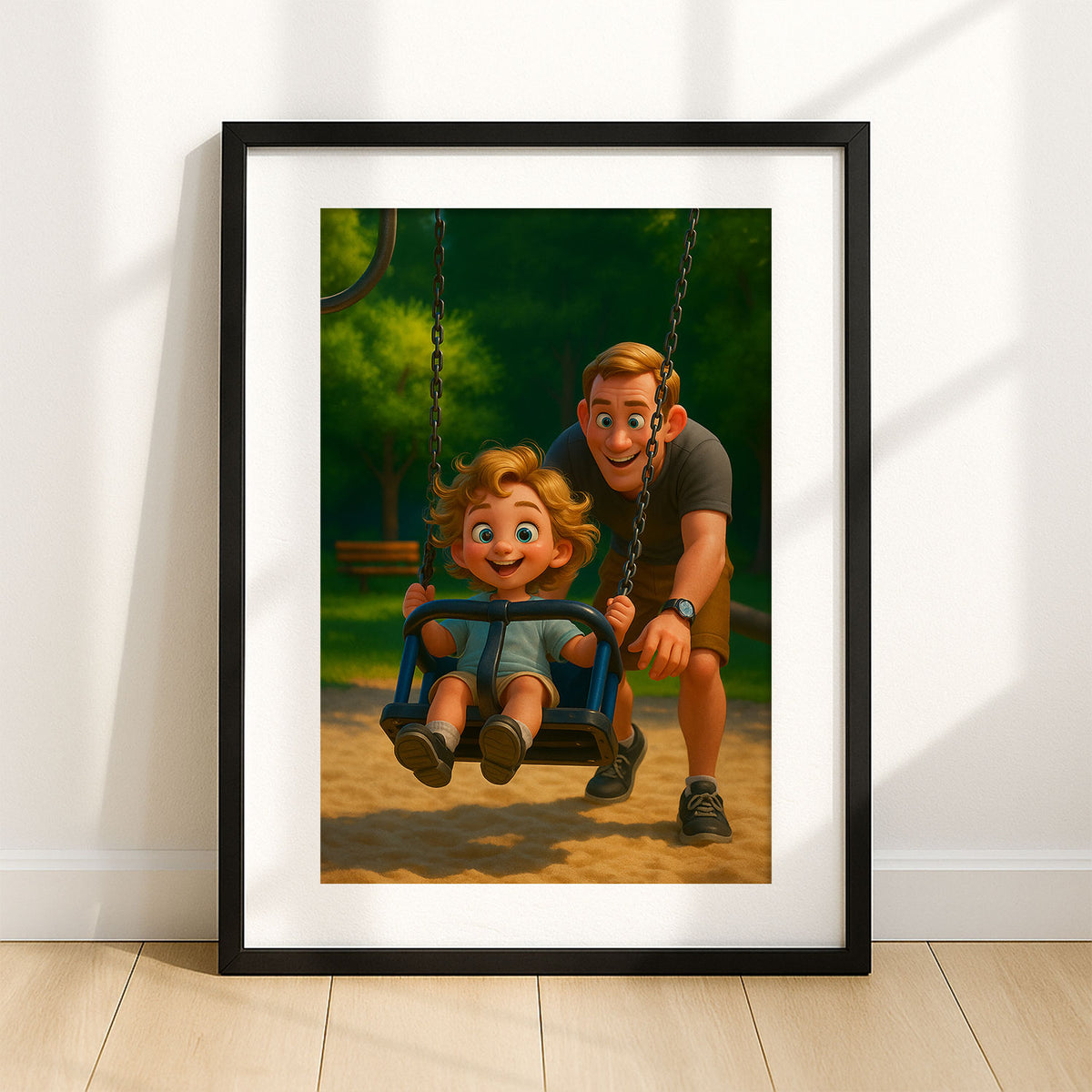 Joyful Swing Moments: Colorful Cartoon Art of a Father and Child at Play
 - 8