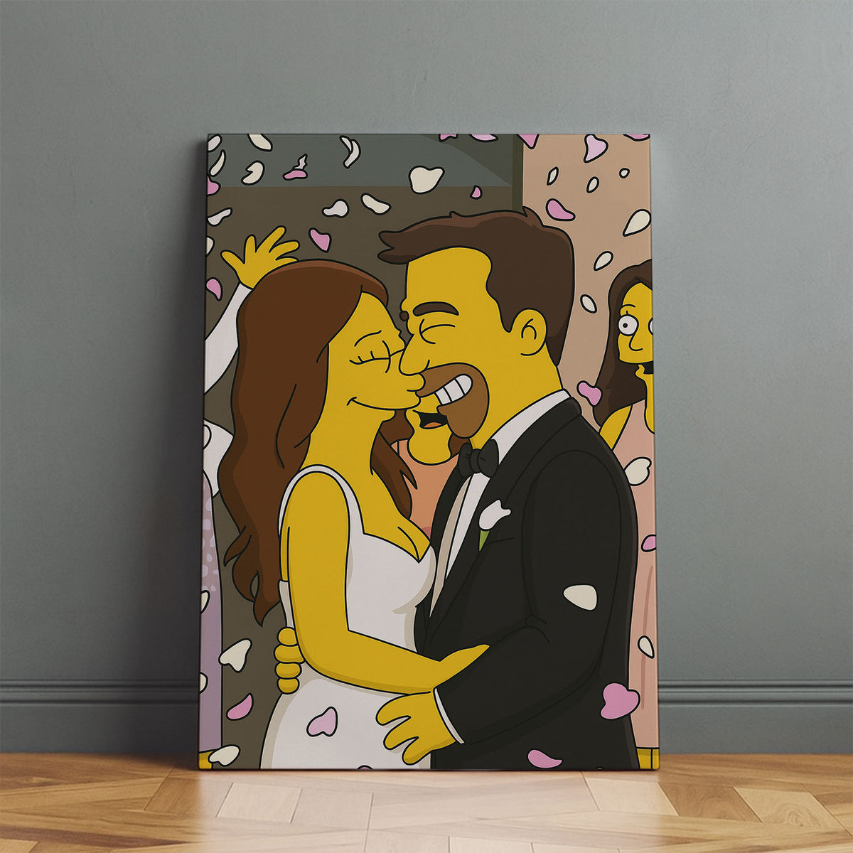 Whimsical Cartoon Wedding Kiss Art Print - Yellow Characters in a Romantic Forest Scene
 - 8