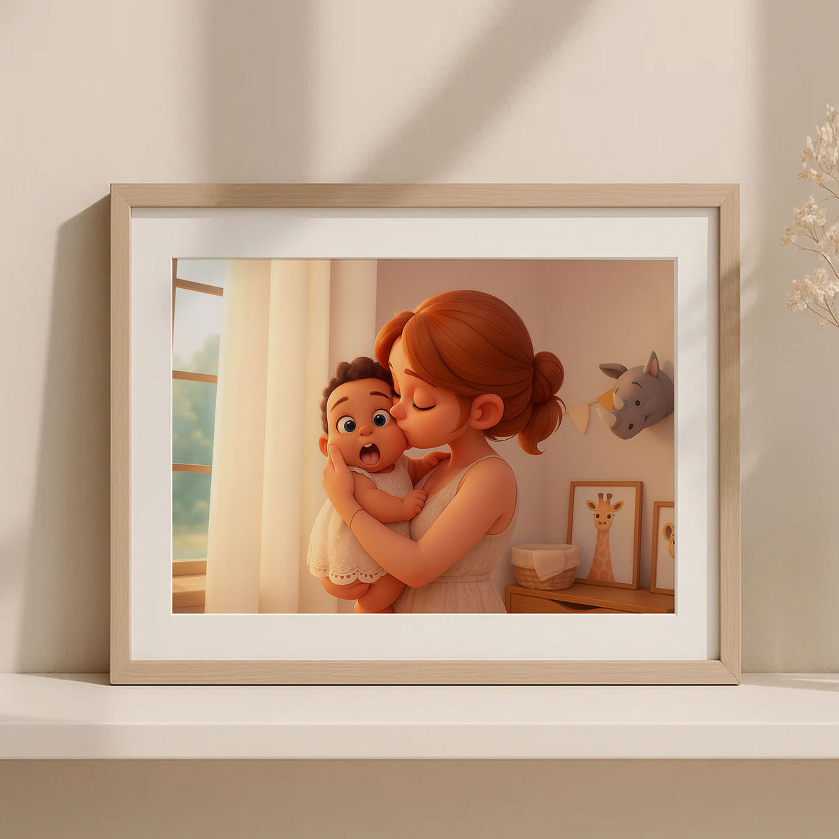 Heartwarming Mother and Baby Illustration: Adorable Family Portrait in Vibrant Cartoon Style, Perfect for Home Decor and Gifts
 - 8