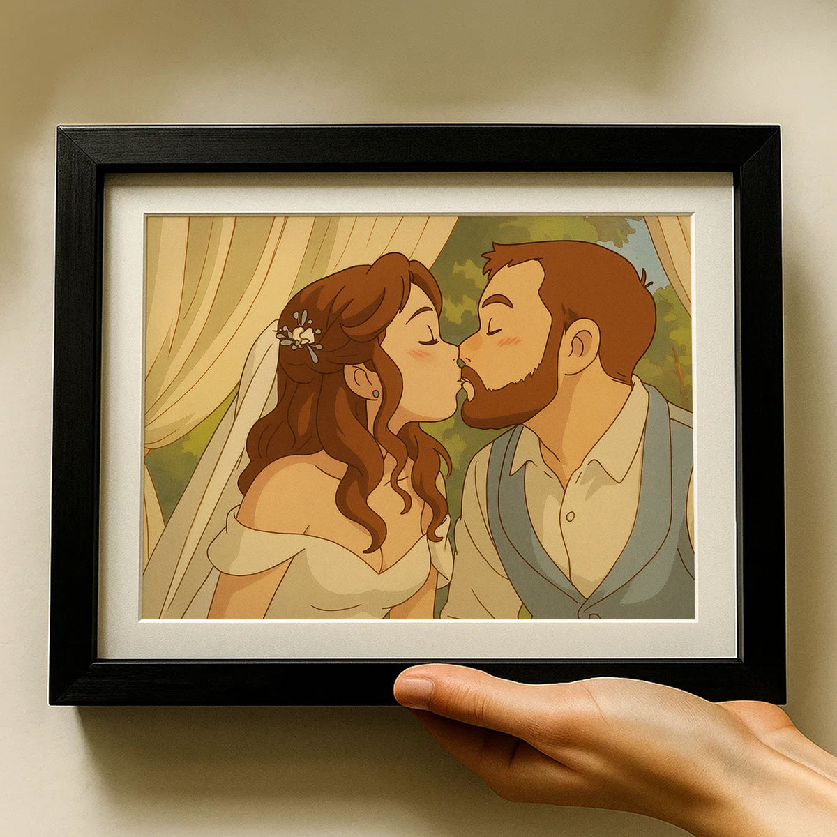 Charming Cartoon Wedding Art Print: Joyful Couple in Love Walking Together
 - 8