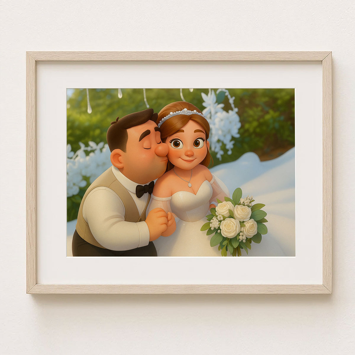Charming Cartoon Wedding Portrait of a Bride and Groom in Whimsical Art Style for Your Home Decor
 - 8