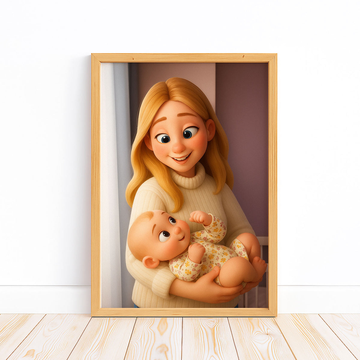 Heartwarming Cartoon Illustration of a Mother with Baby - Charming Home Decor for Family Spaces
 - 8