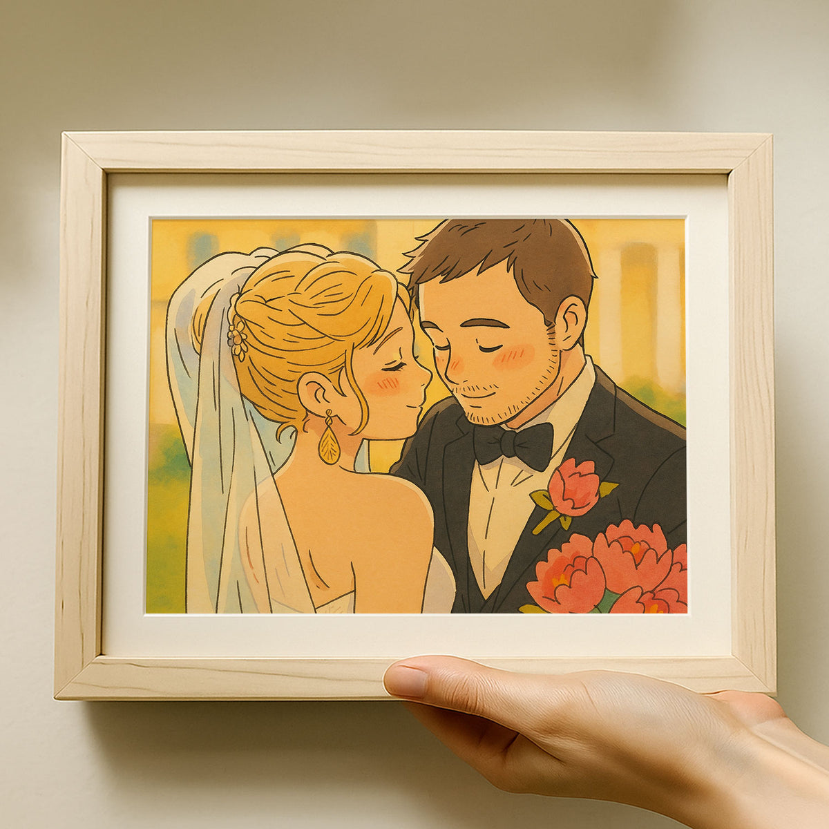 Romantic Cartoon Wedding Kiss Art Print - Elegant Couple Illustration for Home Décor
 - 8