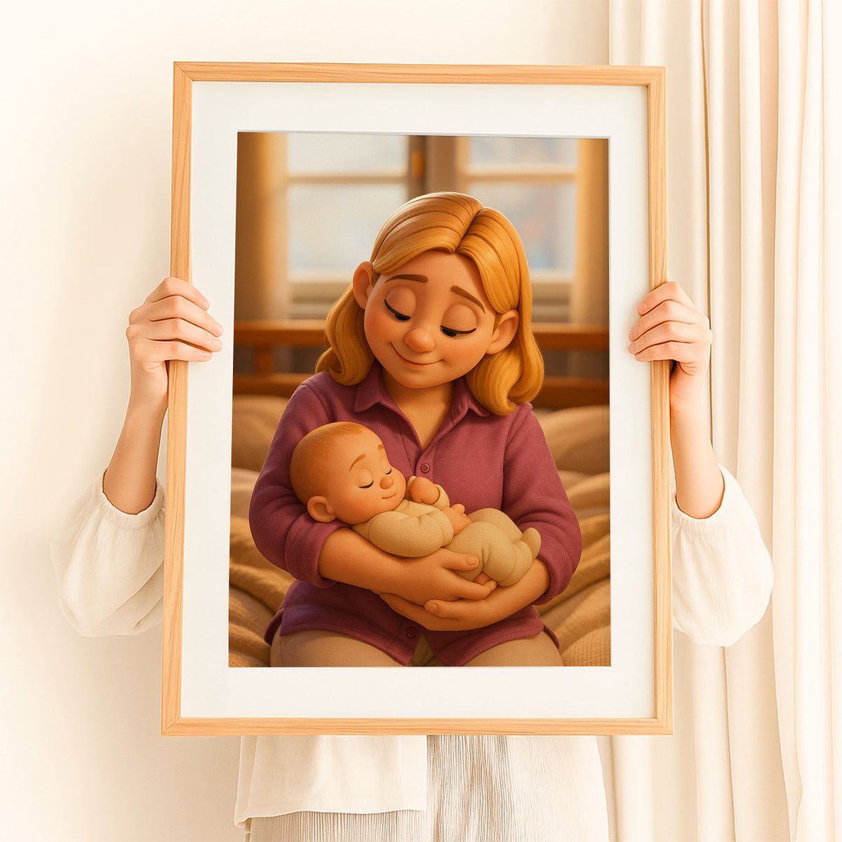 Heartwarming Cartoon Style Artwork of Mother Holding Sleeping Baby – Perfect Wall Decor for Nursery and Family Spaces
 - 8