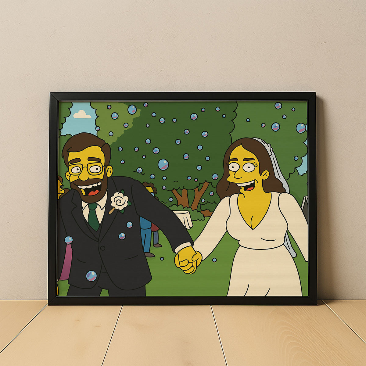 Whimsical Cartoon Wedding Art Print Featuring Homer and Marge in Iconic Simpsons Style
 - 8