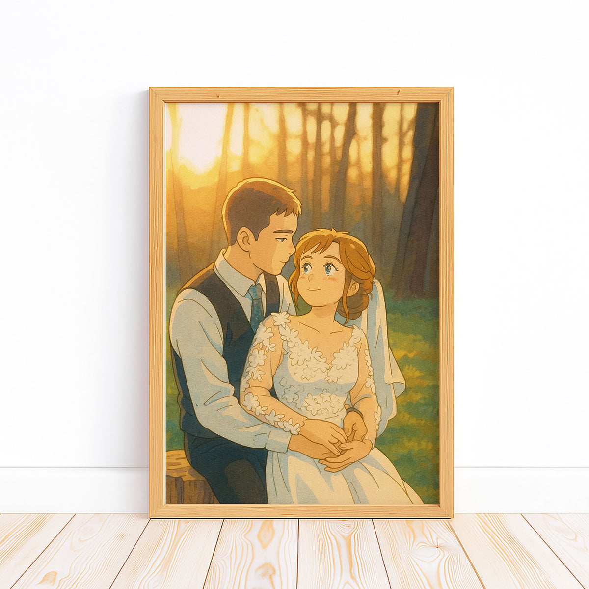 Charming Illustrated Wedding Portrait: Couple Embracing in Lush Greenery – Perfect for Home Decor and Gifts
 - 7