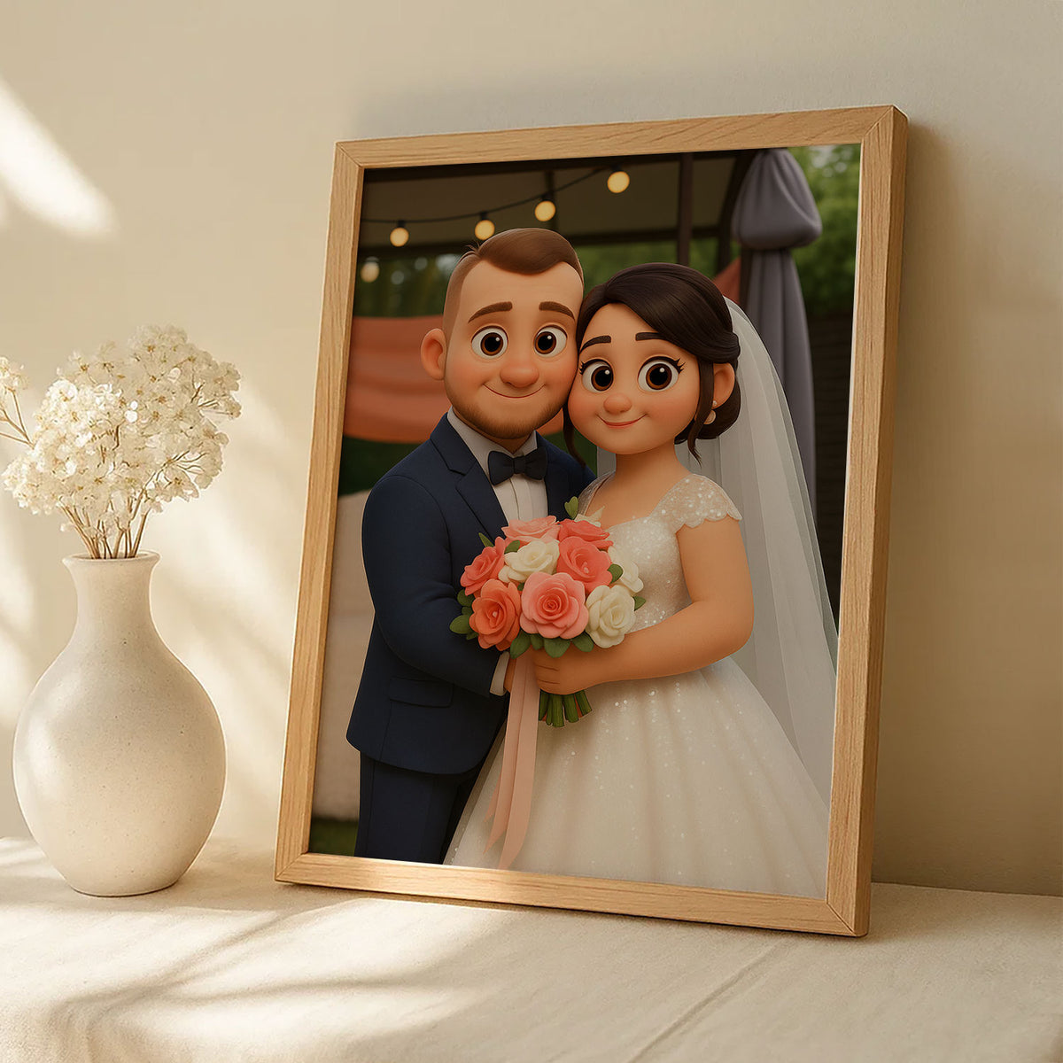 Whimsical Wedding Portrait: Enchanting Couple in Romantic Animation Style with Floral Bouquet
 - 8