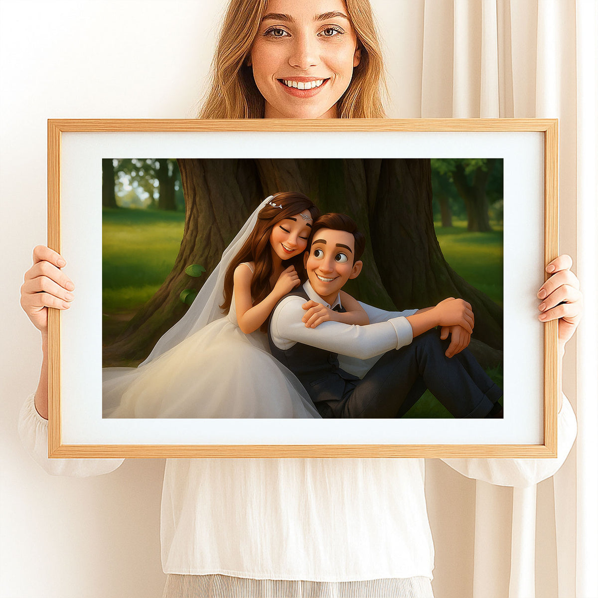 Charming Cartoon Couple Embracing in Lush Greenery – Whimsical Art for Your Home Decor
 - 8