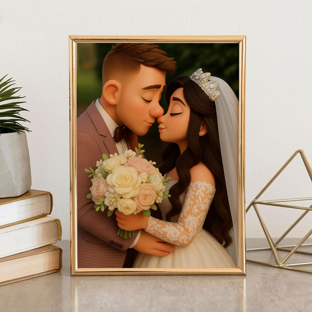 Whimsical Cartoon Wedding Portrait – Celebrate Love with a Charming Illustration of a Bride and Groom in a Joyful Embrace
 - 8