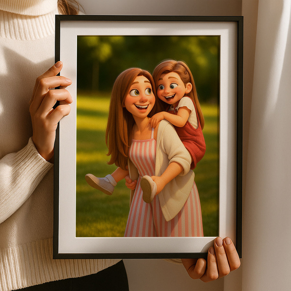 Charming Mother-Daughter Bond in Vibrant Cartoon Style Artwork for Family Decor
 - 8