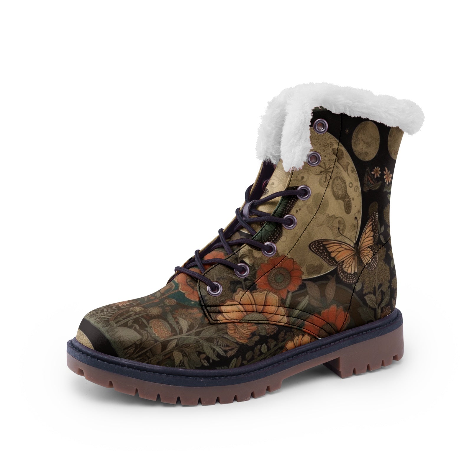 Cosmic Moon & Butterfly Floral Art Unisex Lace Up Winter Boots