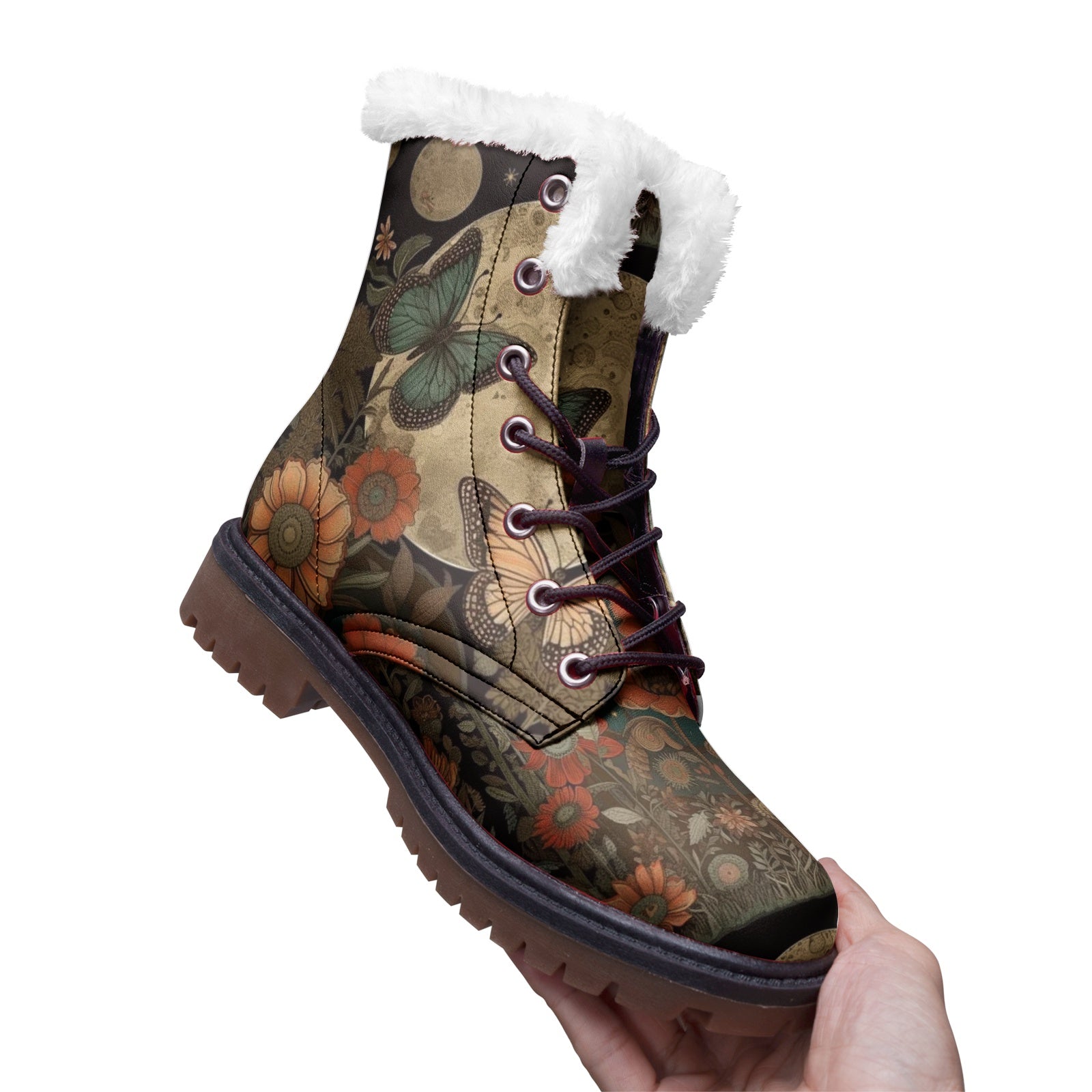 Cosmic Moon & Butterfly Floral Art Unisex Lace Up Winter Boots