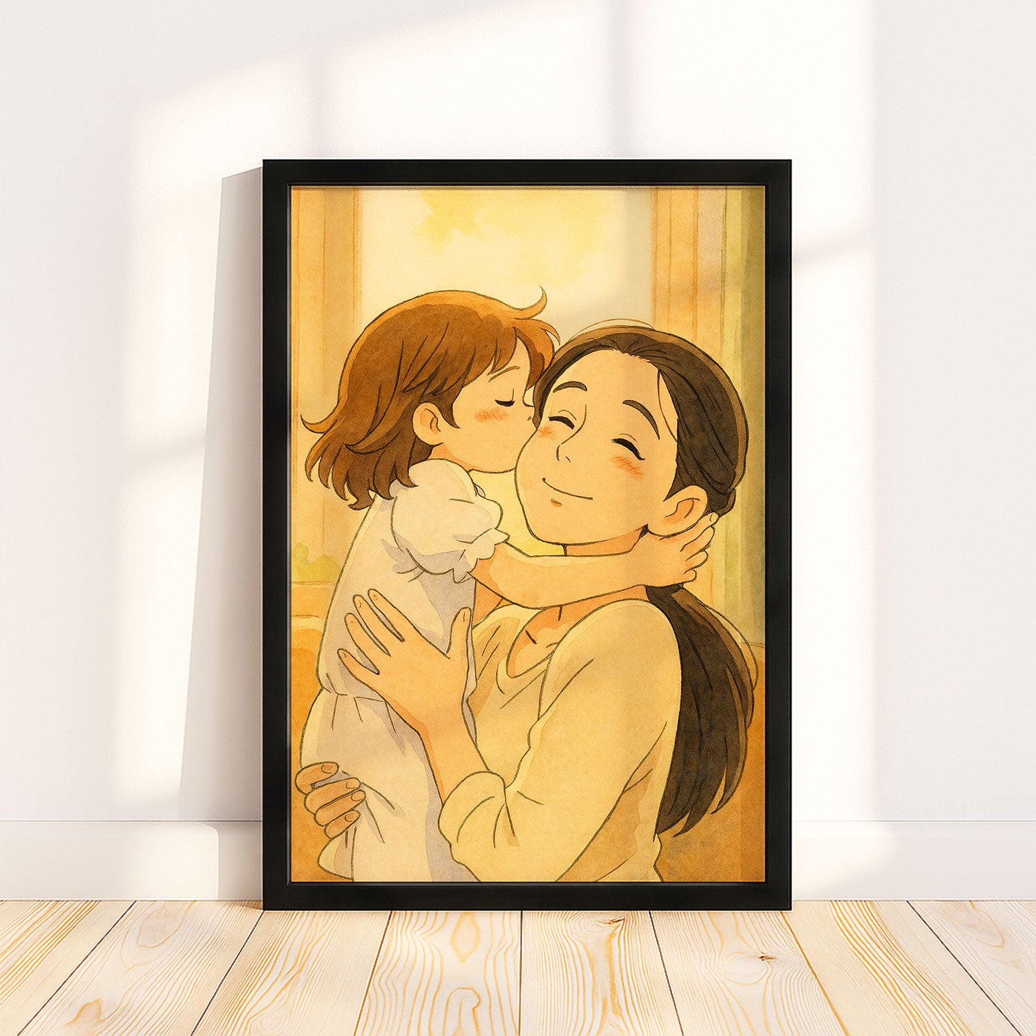 Adorable Anime Portrait of Tender Moments: Captivating Mother-Daughter Kiss in Warm Tones
 - 1
