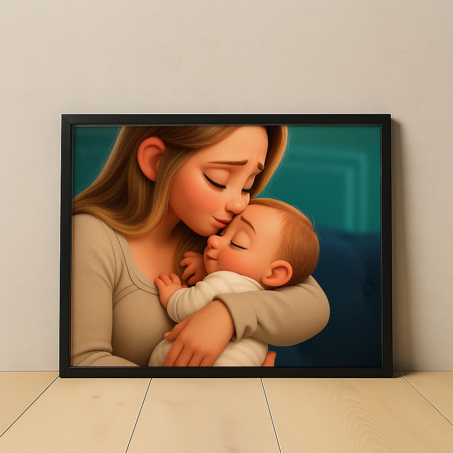 Adorable Digital Art of a Mother Kissing Her Sleeping Baby - Heartwarming Illustration for Nursery Decor
 - 1