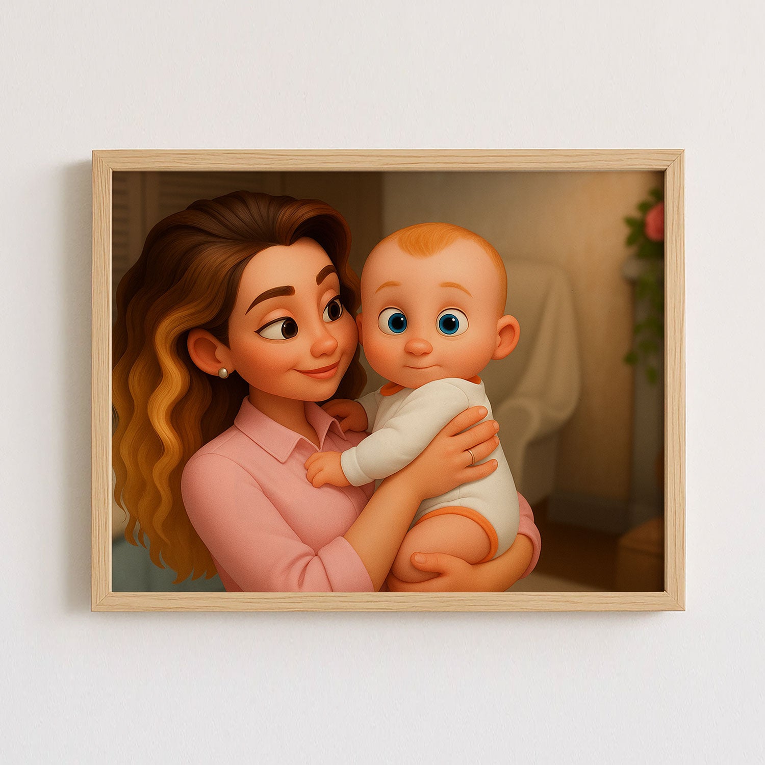 Adorable Mother and Baby Embrace in Whimsical 3D Artwork - Perfect Heartwarming Decor for Family Spaces
 - 1
