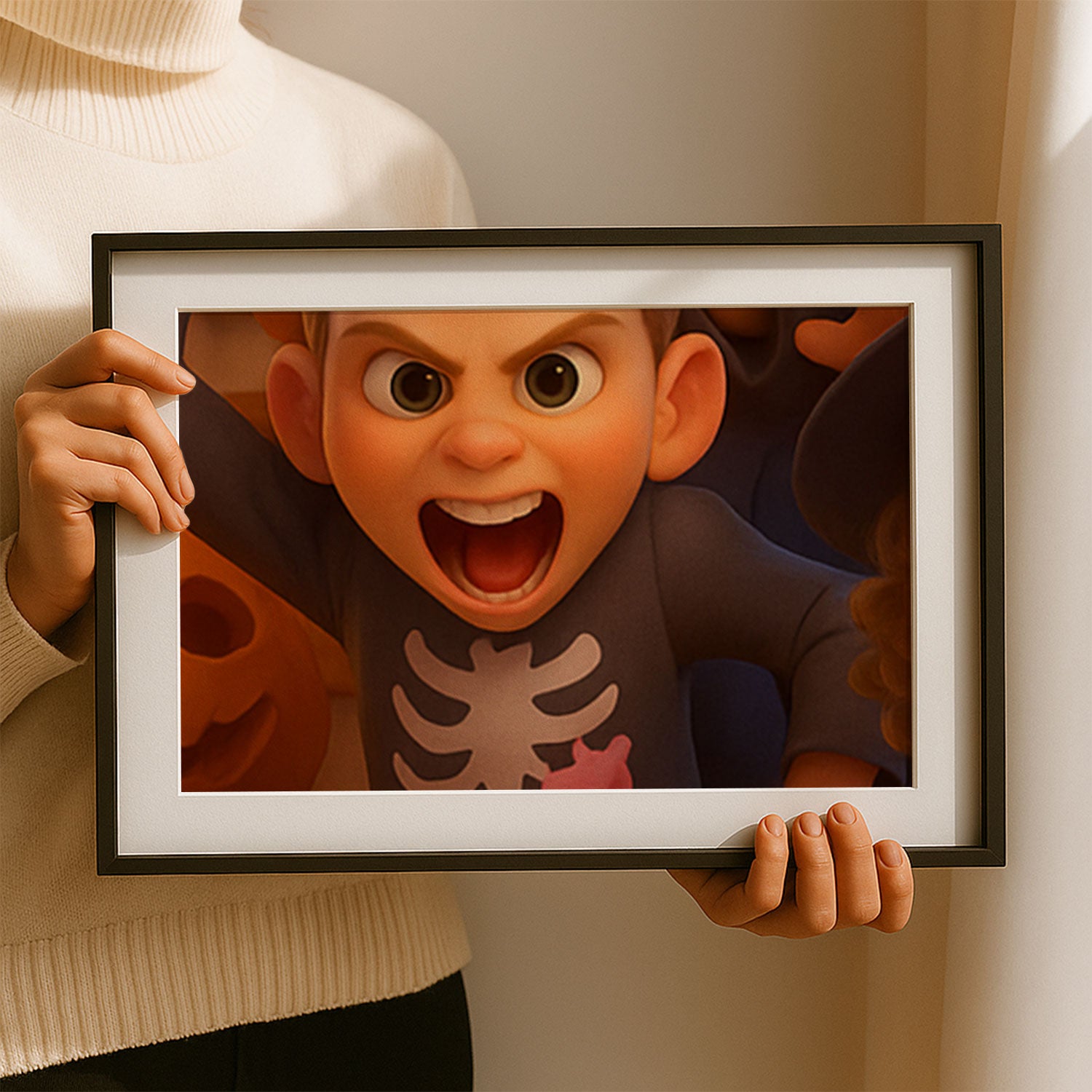 Animated Halloween Art Print - Cute Skeleton Character Poster for Kids Room Décor - Framed Wall Art for Festive Decoration
 - 1