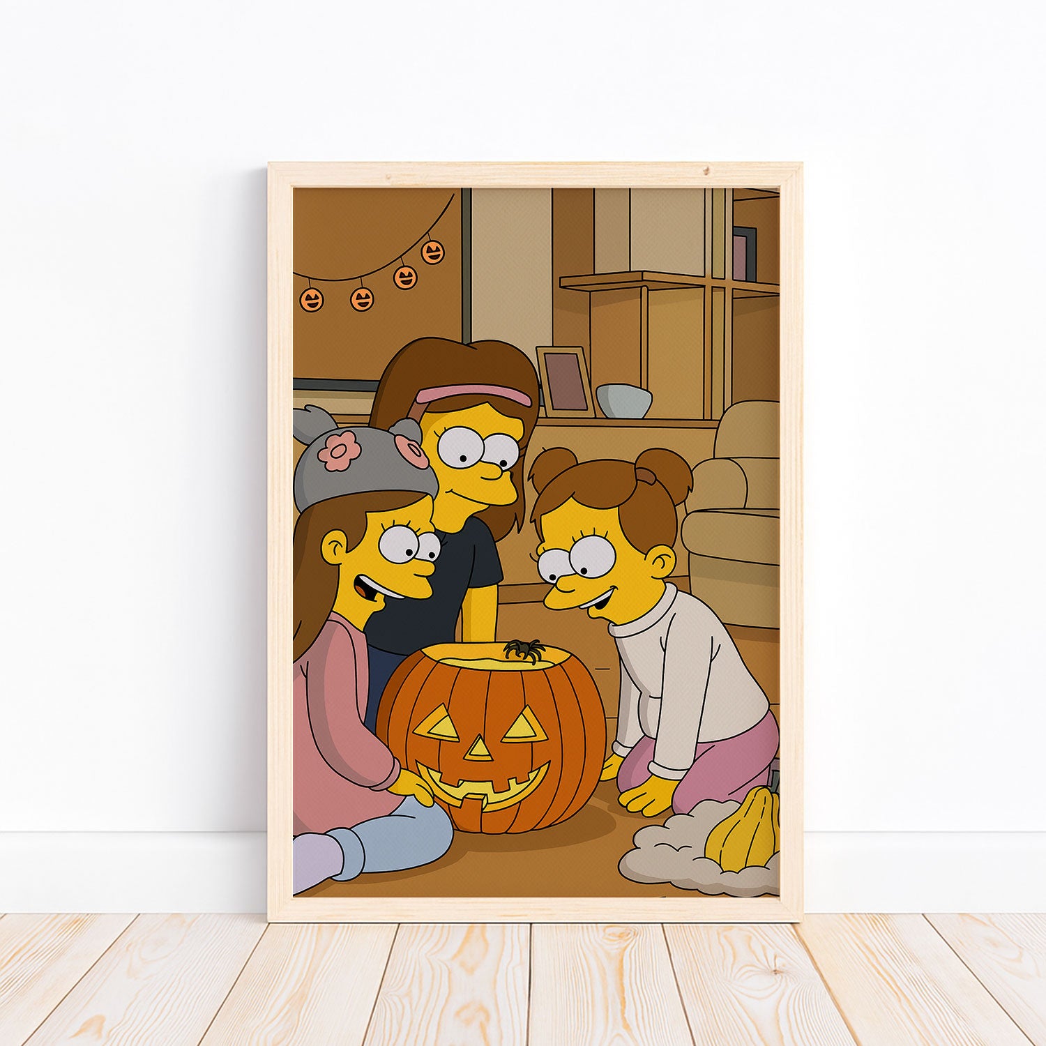 Animated Halloween Family Scene Art Print - Cute Cartoon Characters with Pumpkin Decor for Festive Home and Kids Room Decor
 - 1