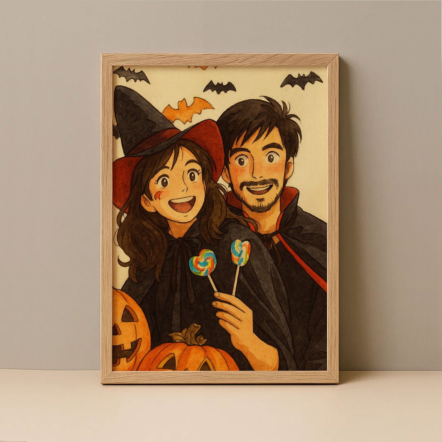 Anime-Inspired Halloween Wall Art Print with Witch and Vampire Couple – Perfect for Festive Home Decor and Spooky Seasonal Ambiance
 - 1