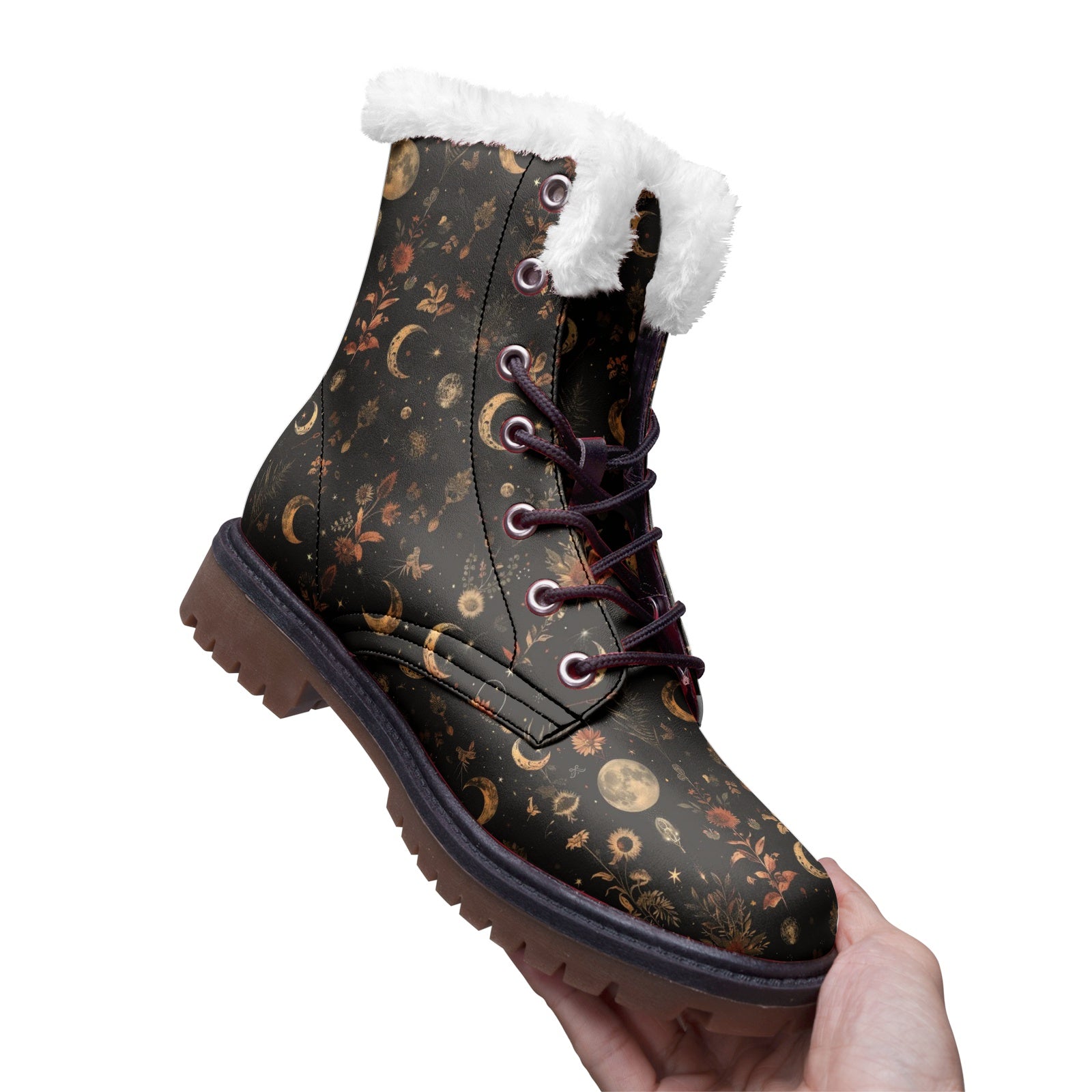Cosmic Moon Floral Lace Up Winter Boots