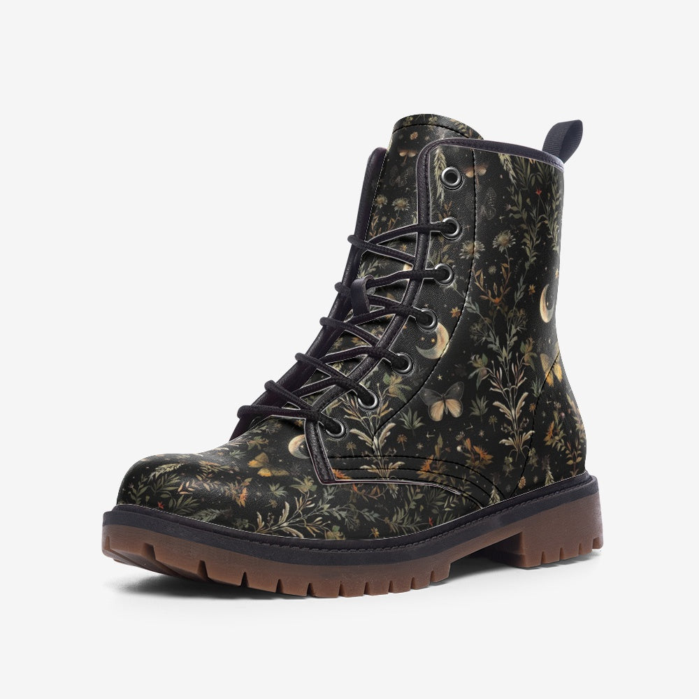 Moon Butterfly Floral Casual Leather Lightweight Combat boots